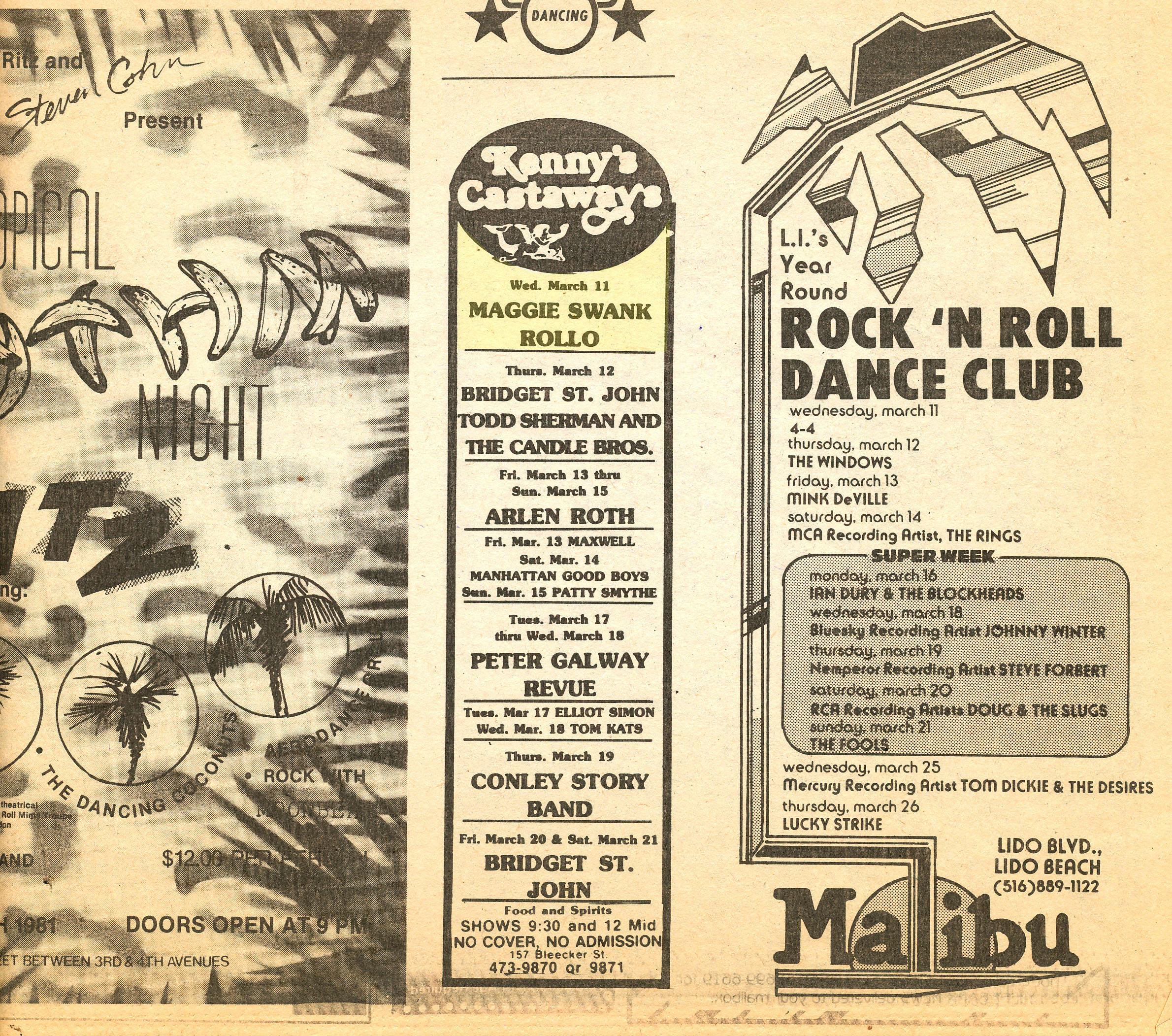 Rollo ad for Kenny's Castaways in Village Voice 03-11-1981