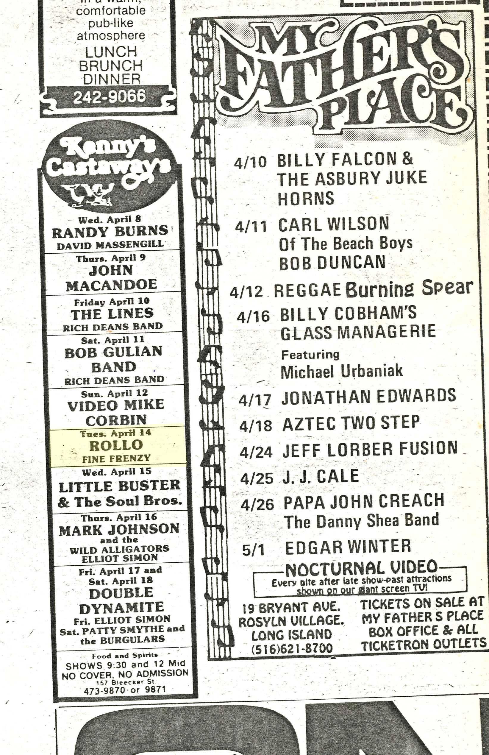 Rollo ad for Kenny's Castaways in Village Voice 04-14-1981