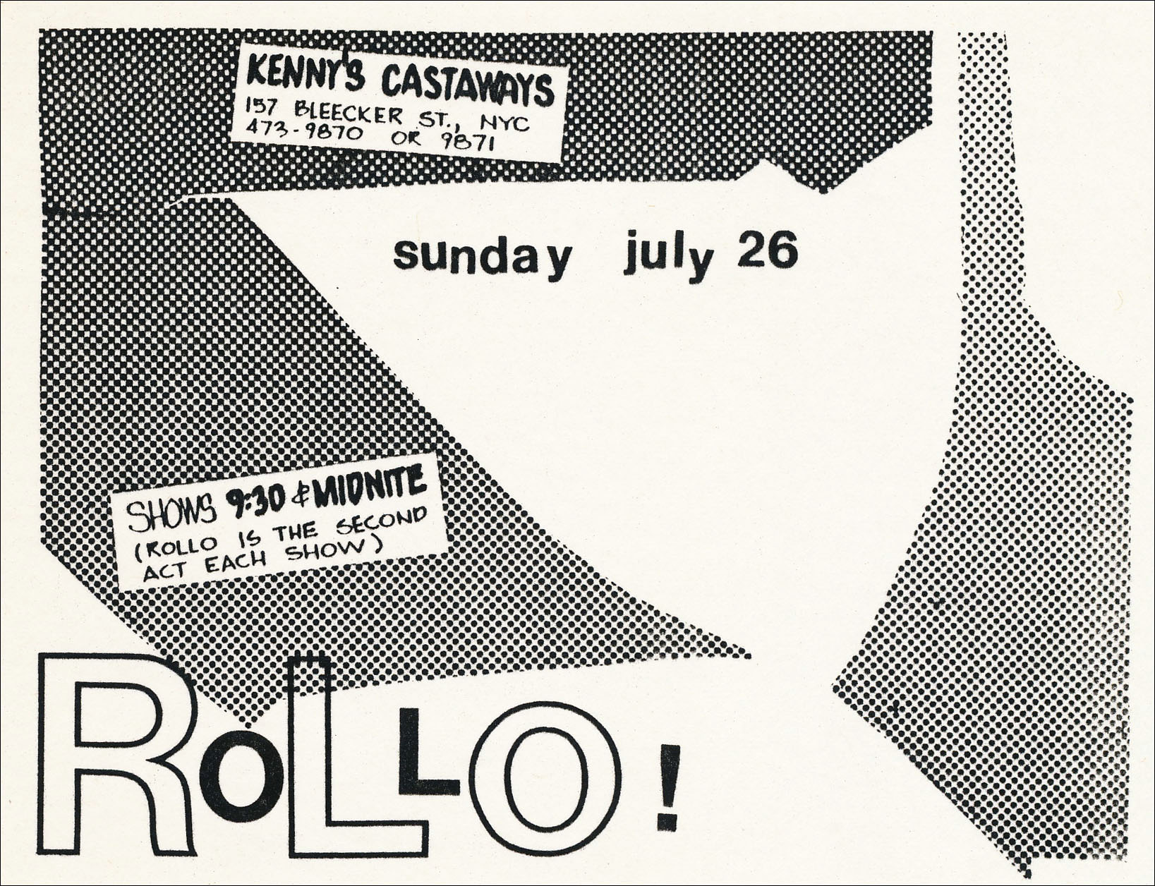 Rollo postcard for Kenny's Castaways for 07-26-1981 performance.