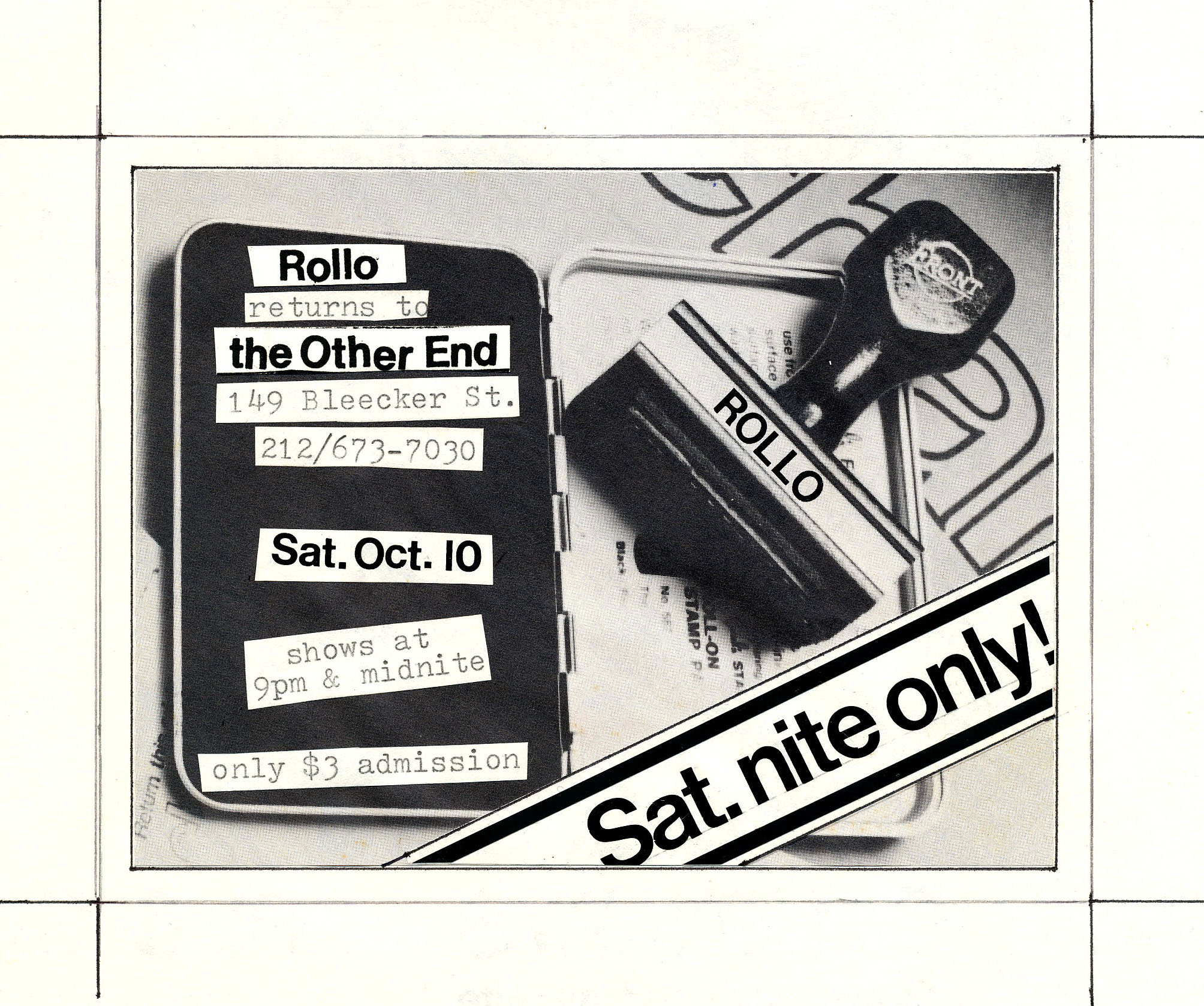 Rollo ad for The Other End in Village Voice for 10-10-1981 performance